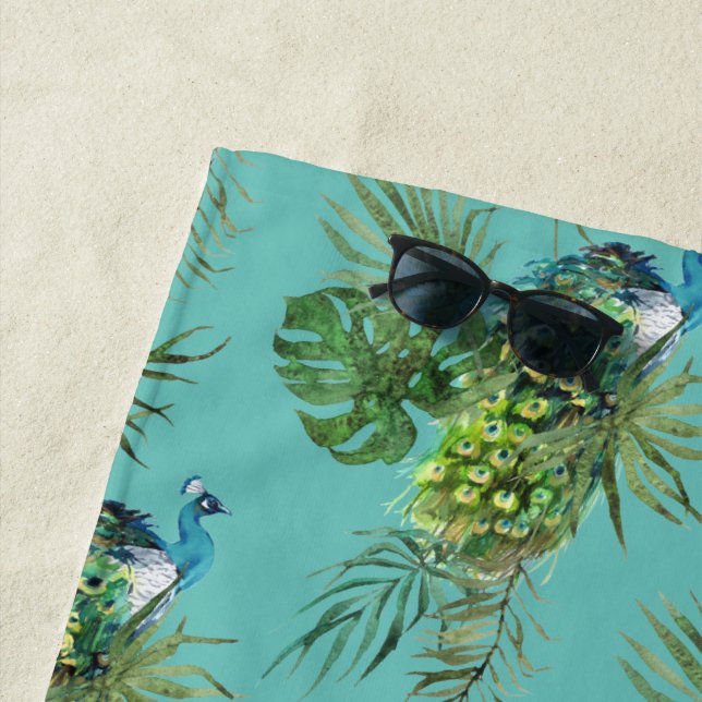 Serviette de plage Paon et feuilles tropicales (En situation)