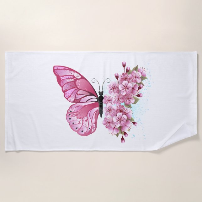 Serviette De Plage Papillon à fleurs avec Sakura rose (Devant)