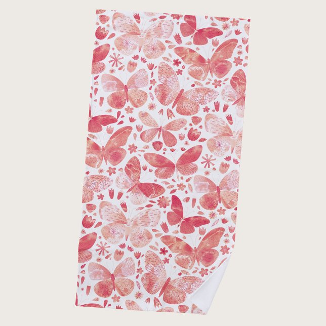 Serviette De Plage Papillon Aquarelle Rose (Coral blush pink watercolor butterfly pattern art beach towel)