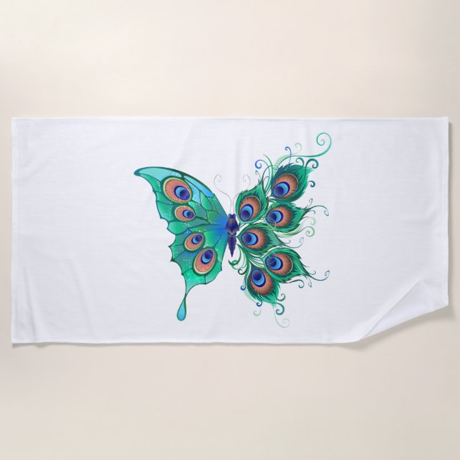 Serviette De Plage Papillon aux plumes de paon vert (Devant)