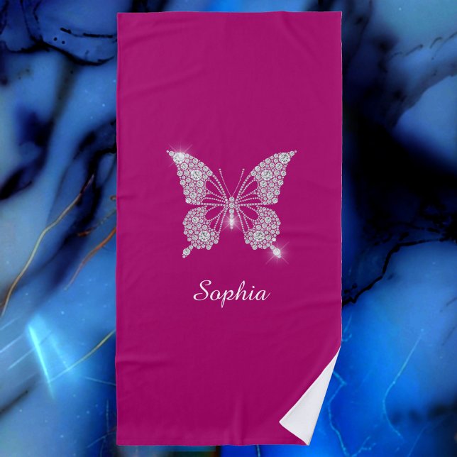 Serviette De Plage Papillon Diamant Blanc, Nom du script, Fuchsia pro (Créateur téléchargé)