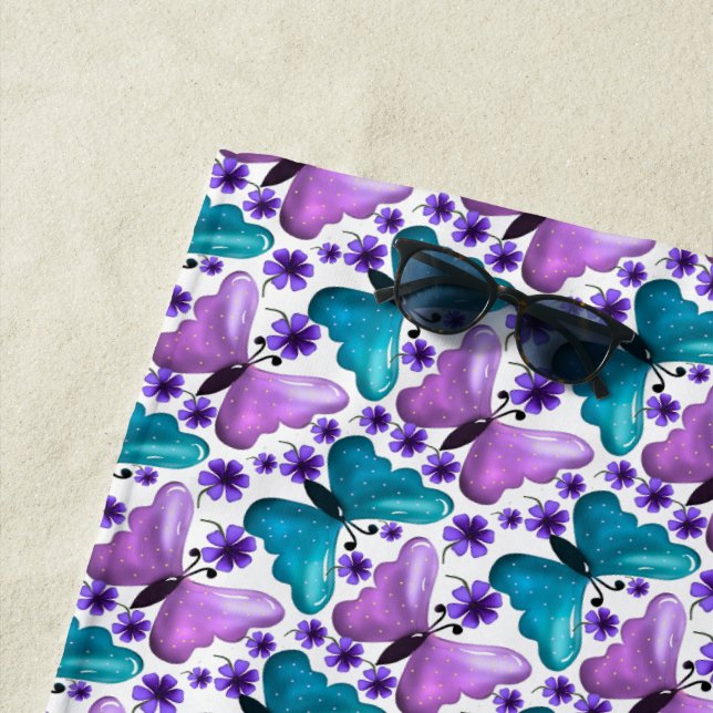 Serviette De Plage Papillon floral motif sarcelle violet  (En situation)