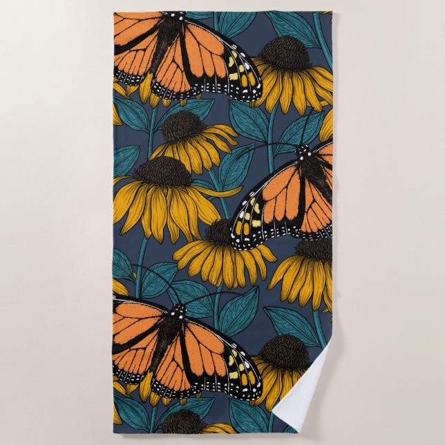 Serviette De Plage Papillon monarque sur confluents jaunes (Devant)