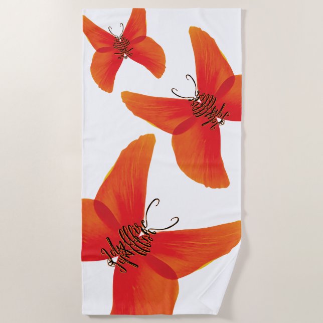 Serviette De Plage Papillons à coquelicot rouge orange avec trois nom (Devant)