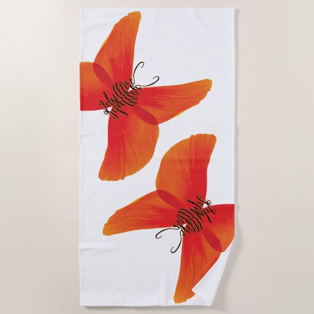 Serviette De Plage Papillons à Poppy rouge orange avec votre nom (Devant)