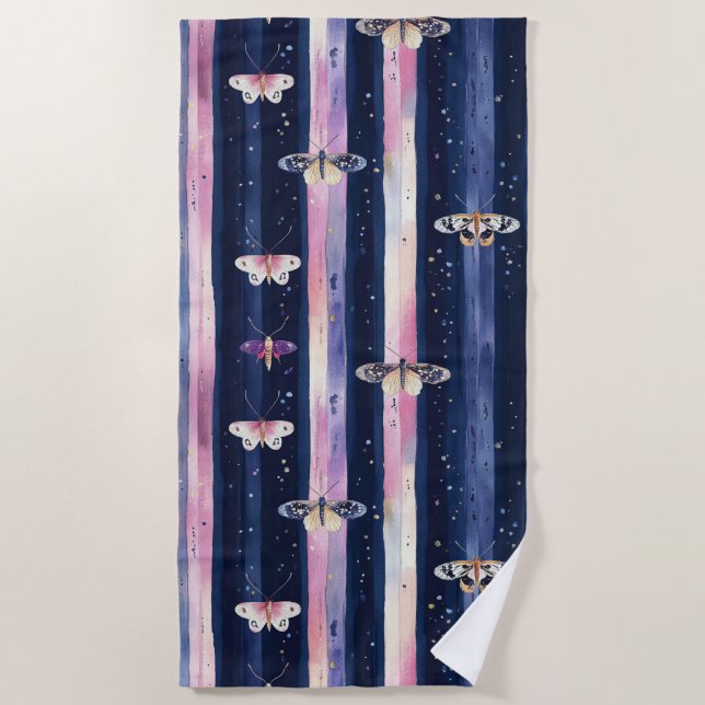 Serviette De Plage Papillons à rayures violettes roses (Devant)