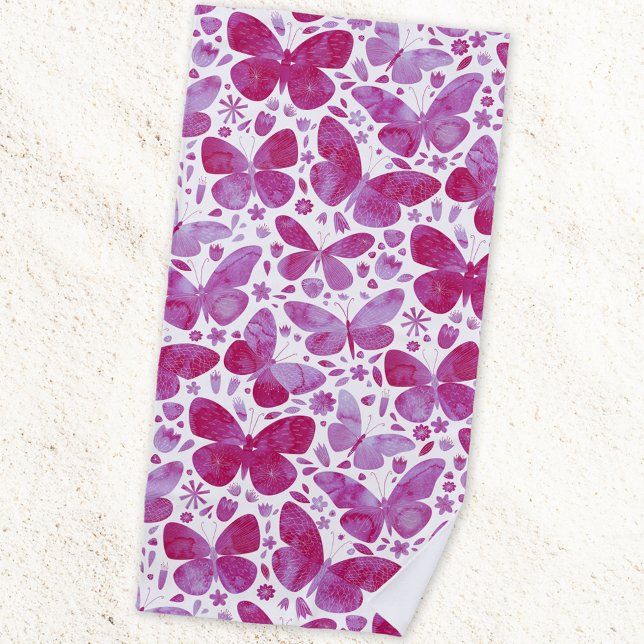Serviette De Plage Papillons Aquarelle Magenta Rose (Magenta hot pink watercolor butterfly pattern art beach towel)