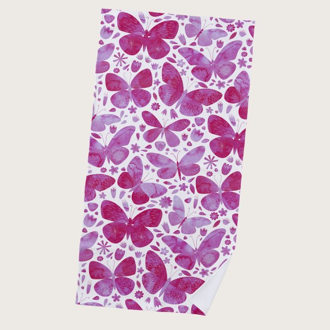Serviette De Plage Papillons Aquarelle Rose Magenta (Magenta hot pink watercolor butterfly pattern art beach towel)