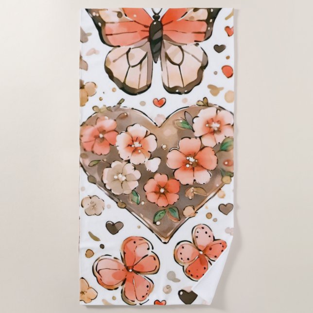 Serviette De Plage Papillons, Coeurs et Fleurs (Devant)