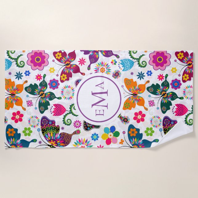 Serviette De Plage Papillons colorés et fleurs motif (Devant)