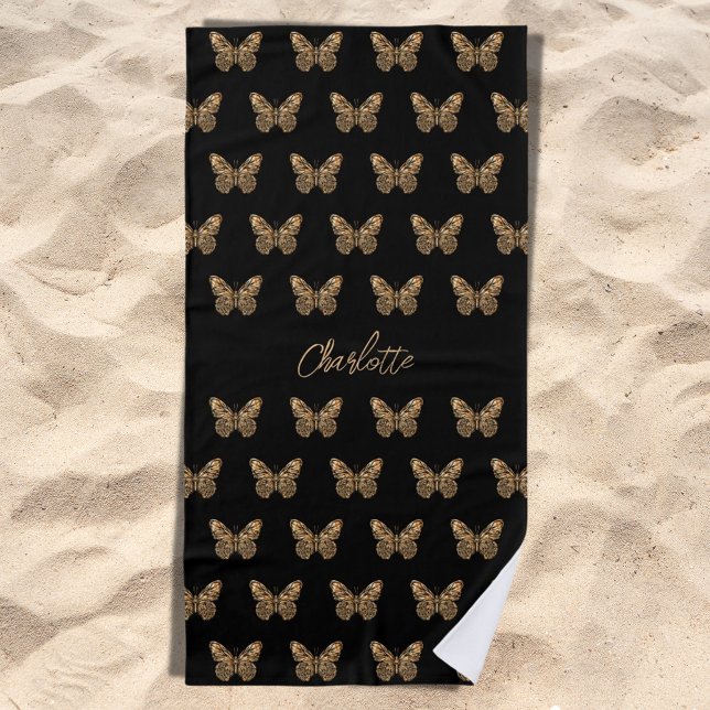 Serviette De Plage Papillons en or noir motif script de nom (Créateur téléchargé)