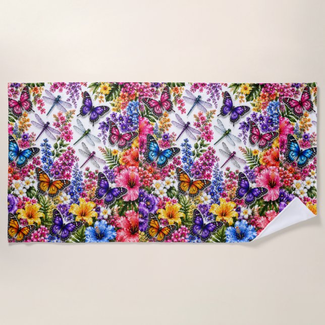 Serviette De Plage Papillons Tropicaux et Fleurs d'Été (Devant)