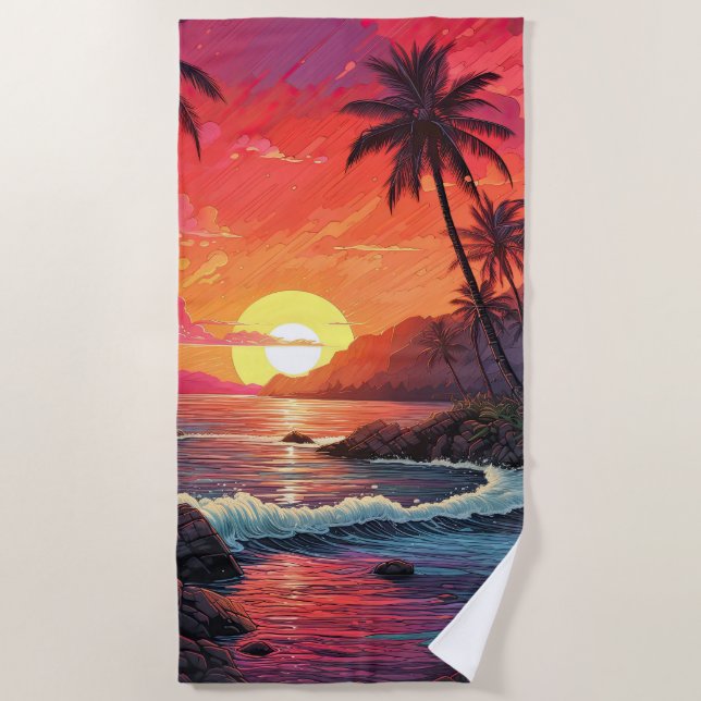 Serviette De Plage Paradis Île de Plage Tropicale au Coucher du Solei (Devant)