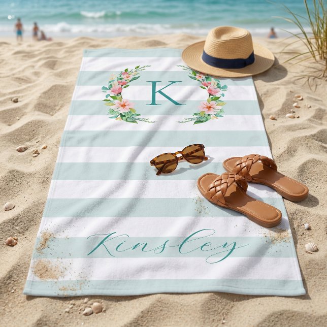Serviette De Plage Paradise Floral et Monogramme Rayures (Créateur téléchargé)