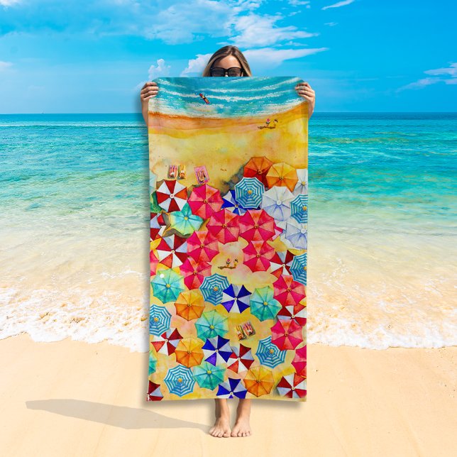 Serviette De Plage Parapluies dans le sable (Umbrellas in the Sand Beach Towel (white on reverse side))