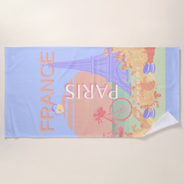 Serviette De Plage Paris, France, Art du voyage, Preppy, Pastel, Bleu (Devant)