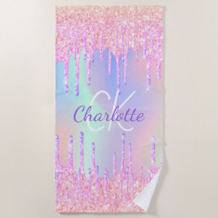 Serviette De Plage Parties scintillant arc-en-ciel goutte rose monogr