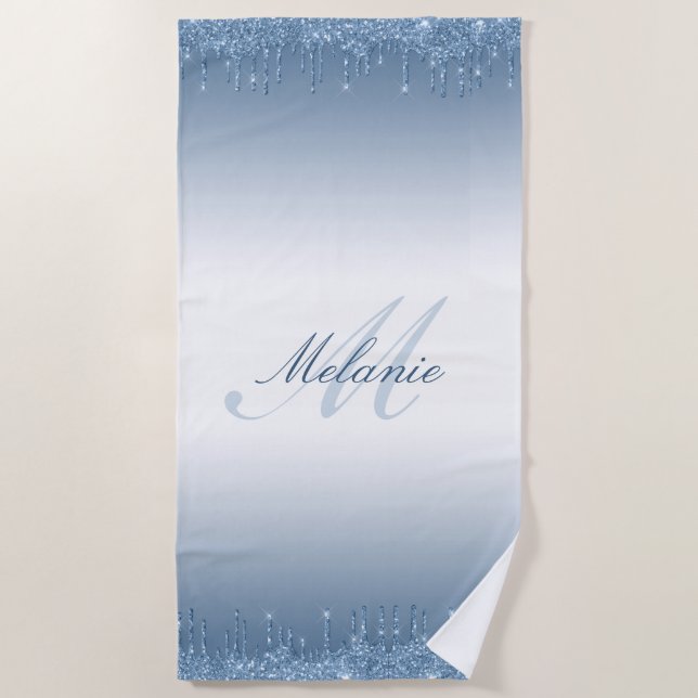 Serviette De Plage parties scintillant bleu monogramme goutte serviet (Devant)