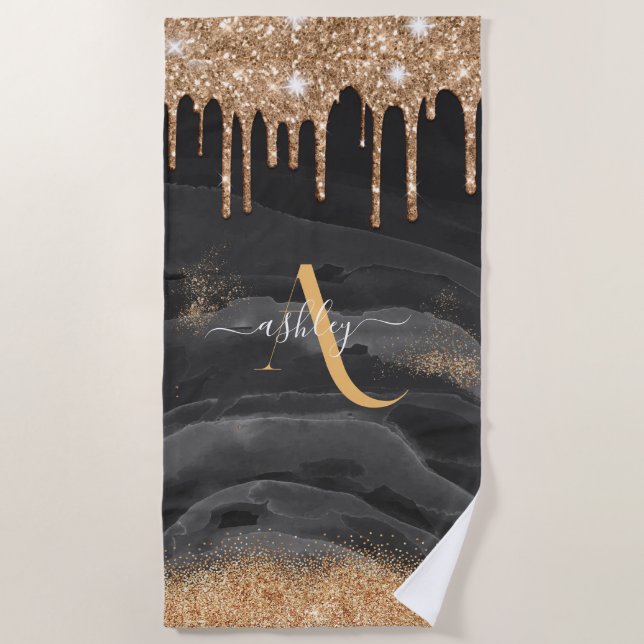Serviette De Plage Parties scintillant de goutte d'or Monogramme méta (Devant)