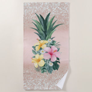 Serviette De Plage Parties scintillant des fleurs tropicales d'ananas