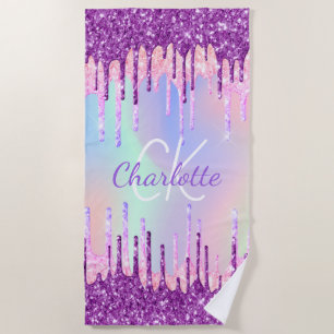 Serviette De Plage Parties scintillant holographique goutte violet ro