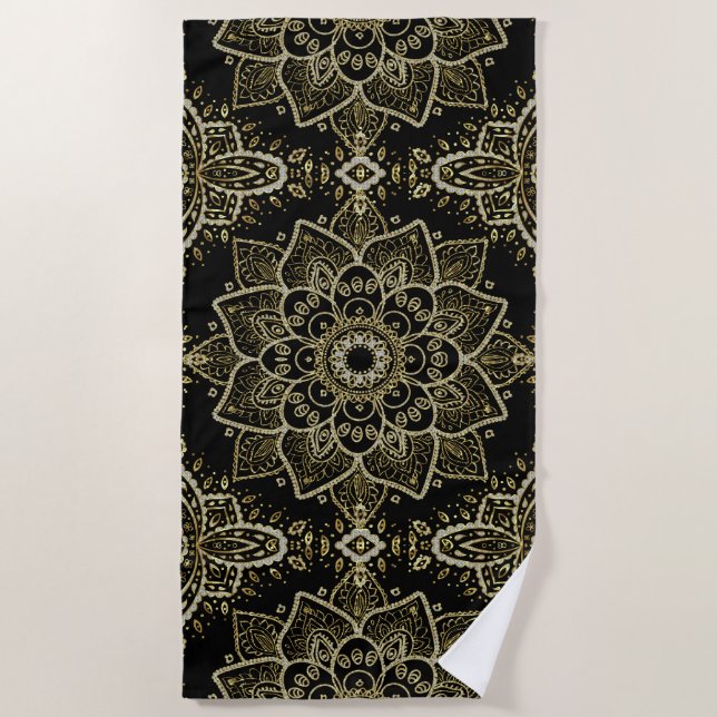 Serviette De Plage Parties scintillant Noir & Or Mandala Design (Devant)