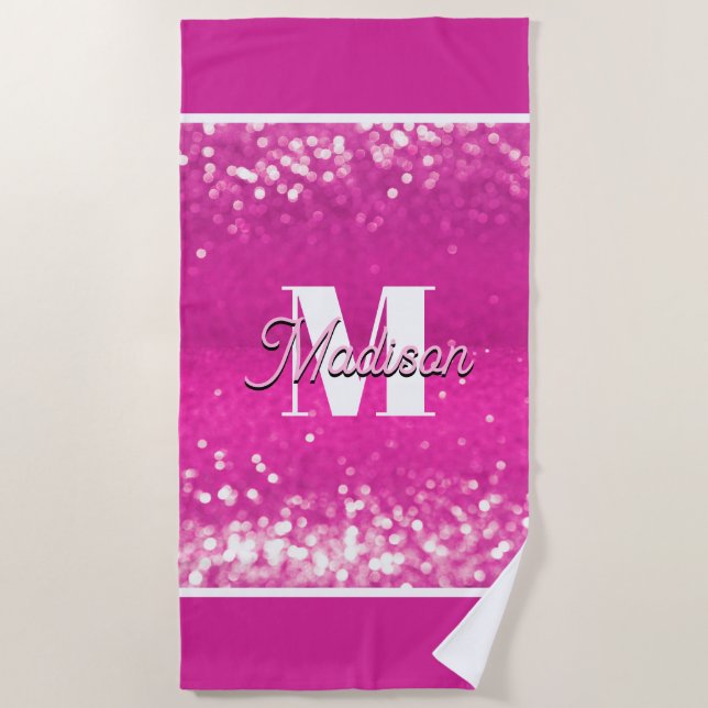 Serviette De Plage Parties scintillant rose chaud Bokeh Monogramme (Devant)