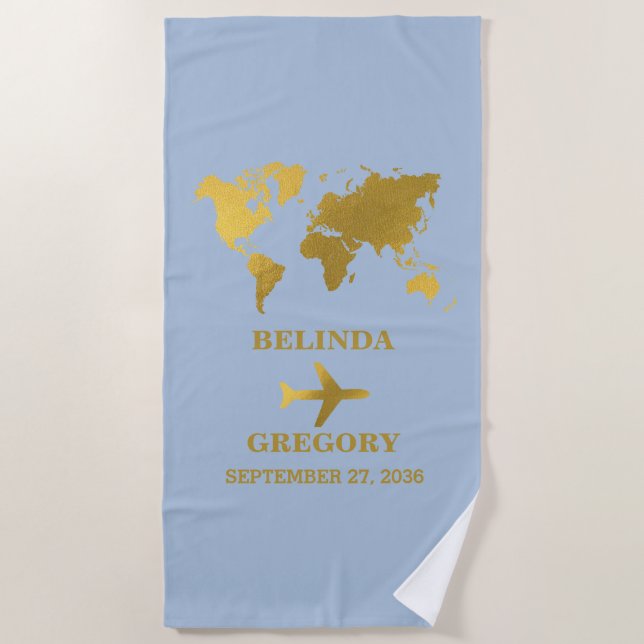 Serviette De Plage Passeport Bleu Or Destination Wedding World (Devant)