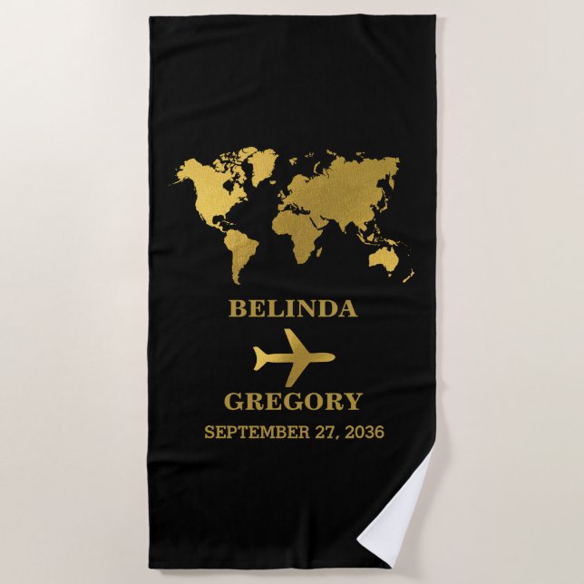 Serviette De Plage Passeport de mariage de destination Monde Noir Or (Devant)