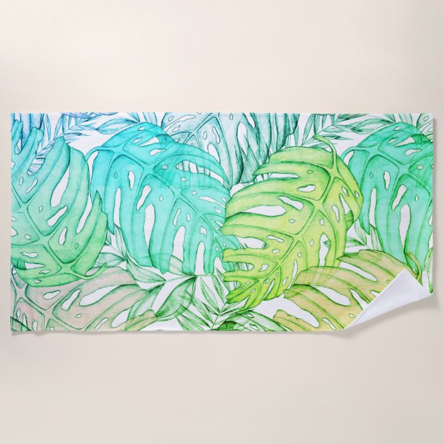 Serviette De Plage Pastel monstera feuille de palmier aquarelle tropi (Devant)