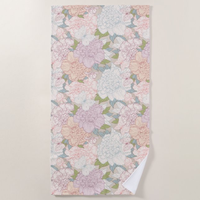 Serviette De Plage Pastel Peony & Butterfly Flower Motif (Devant)