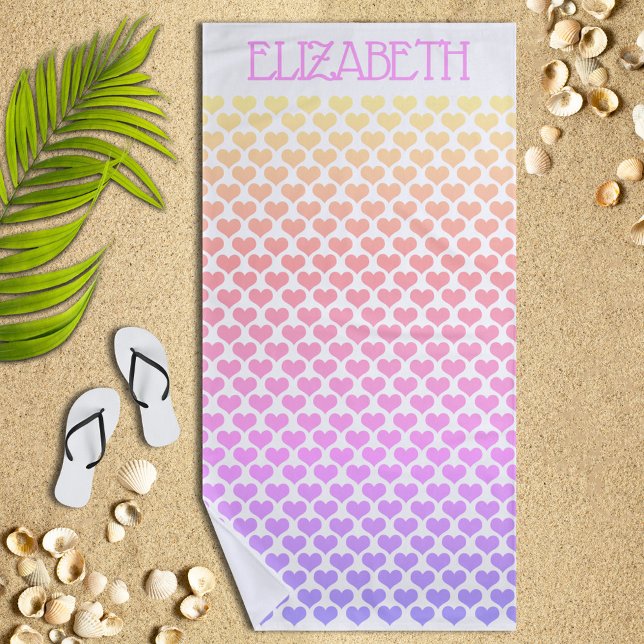 Serviette De Plage Pastel personnalisé Rainbow Hearts Beach Towel (Créateur téléchargé)