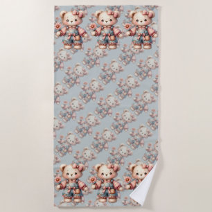 Serviette De Plage Pastel Teddy Bear Holding Flower Wear Overalls