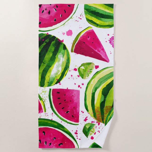 Serviette De Plage Pastèque Rose Verte Fruits Tropicaux Mignons (Devant)