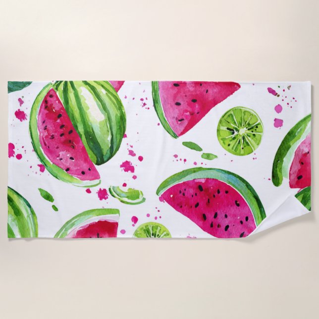 Serviette De Plage Pastèque verte rose Fruits Tropicaux Mignons (Devant)