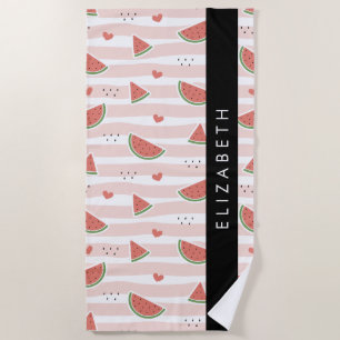 Serviette De Plage Pastèques Rouges, Coeurs, Bandes, Votre Nom