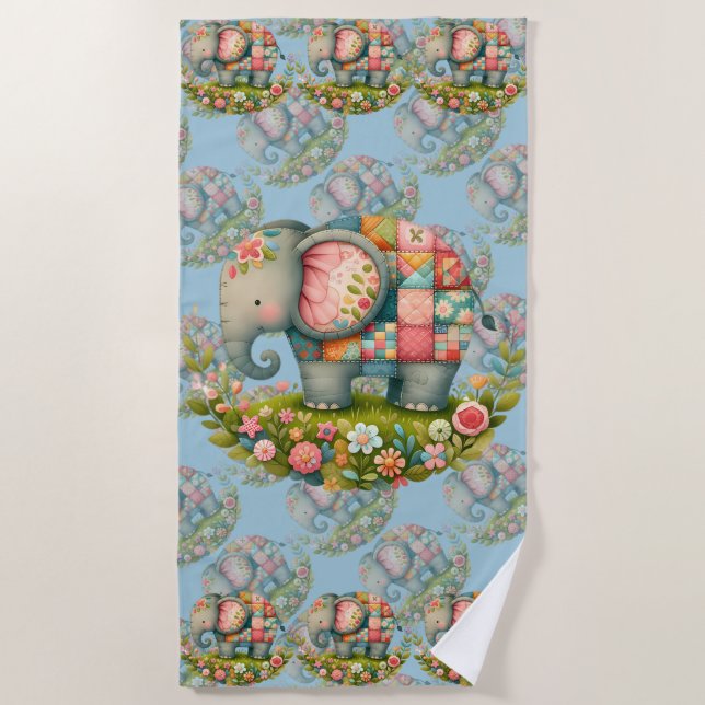Serviette De Plage Patchwork Elephant Floral Meadow Charm (Devant)