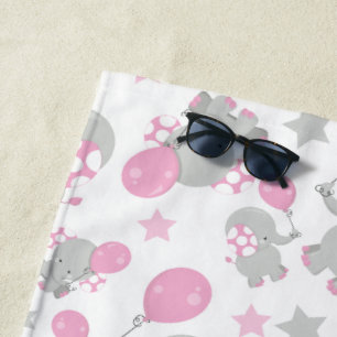 Serviette De Plage Pattern of Elephants, Cute Elephants - Pink Gray