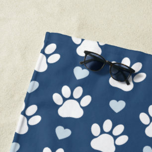 Serviette De Plage Pattern of paws, Dog paws, White paws, Blue Hearts