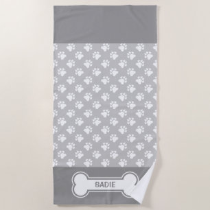 Serviette De Plage Pattes de chien grises et blanches et os avec nom