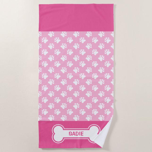 Serviette De Plage Pattes de chien roses et blanches et os avec nom p (Devant)