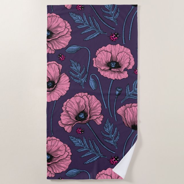 Serviette De Plage Pavot rose sur violet foncé (Devant)