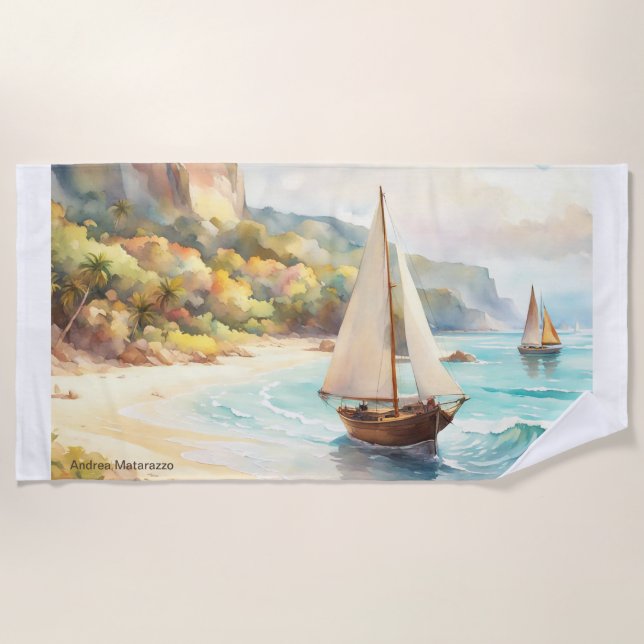 Serviette De Plage Paysage avec mer et voiliers (Devant)
