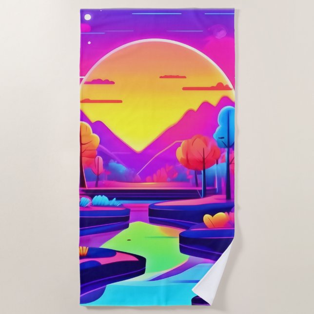 Serviette De Plage Paysage de coucher de soleil néon (Devant)