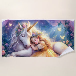 Serviette De Plage Paysage de rêve de licorne de fille endormie