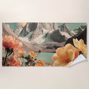 Serviette De Plage Paysage Montagneux Surréaliste Avec Fleurs en Fleu