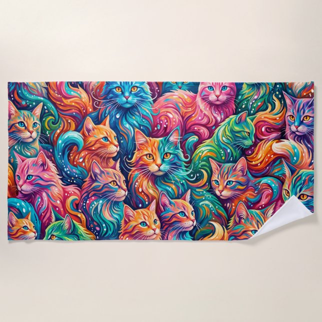 Serviette De Plage Paysage onirique de chat vibrant – Psychedelique B (Devant)