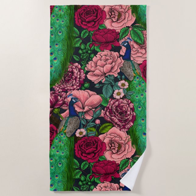 Serviette De Plage Peacocks dans le jardin rose 2 (Devant)