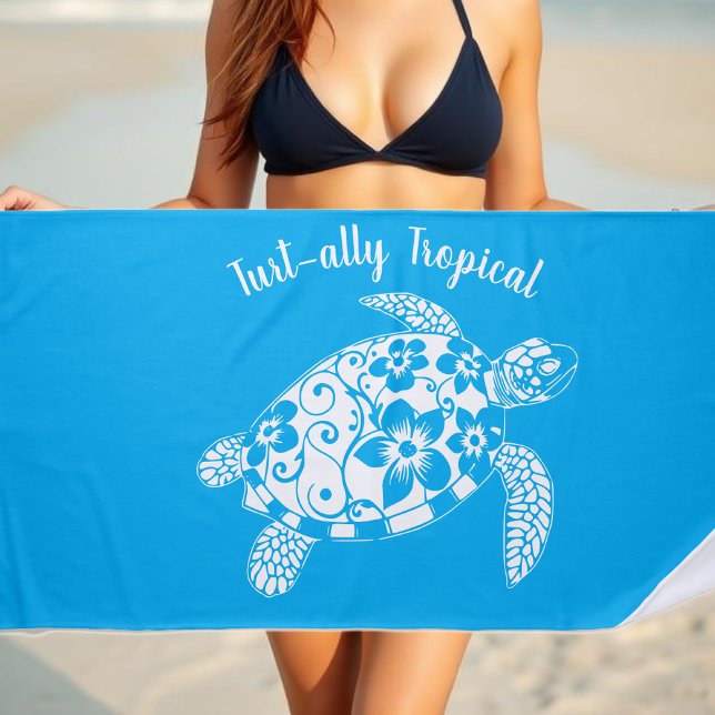 Serviette De Plage Pêcheur de tortue hawaïenne esthétique bleu clair (Hawaiian Turtle-Tropical Flowers, Elegant Tribals, summer, beach, fisherman aesthetic, Beach Towel)