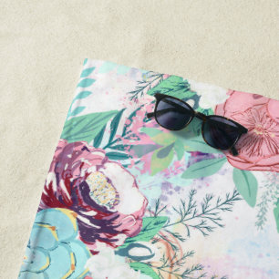 Serviette De Plage Peine de menthe rose mignonne et peinture florale 